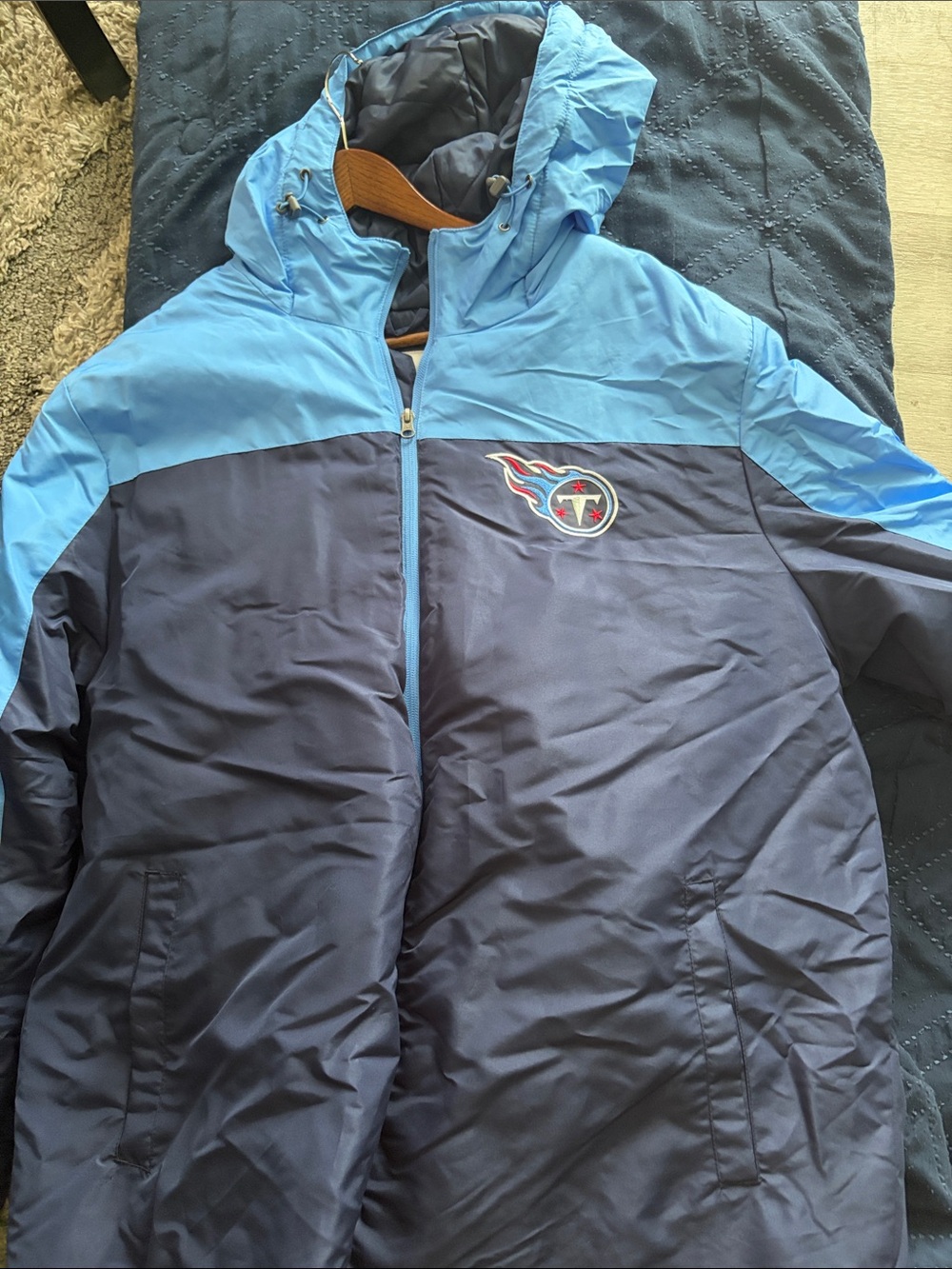 NFL Men's Two-Tone Navy and Light Blue Puffer Jacket with Hood Tennessee Titans
